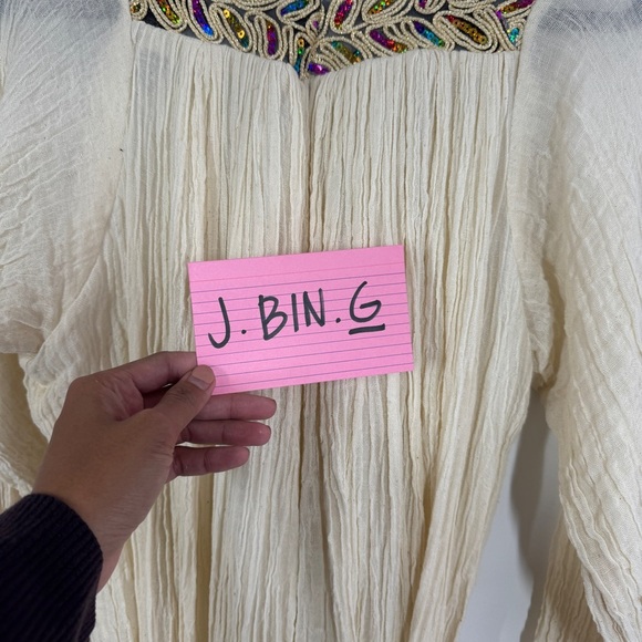 Vintage Ethiopian Cream Boho Maxi Dress Beaded Sequin Embroidered Ethnic - Picture 14 of 15